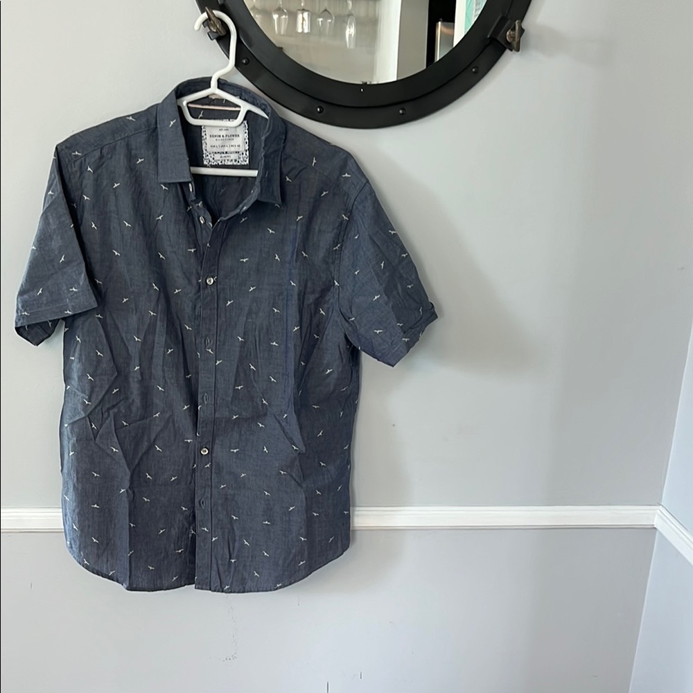 Denim & Flower Blue Casual Button Down Shirt with bird design